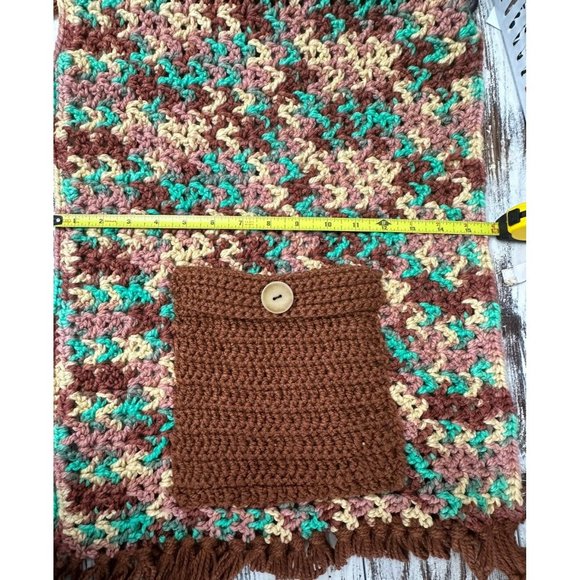 VTG Handmade Knit‎ Crochet Poncho Fringe 70s Granny Brown Orange One Size - Picture 5 of 6